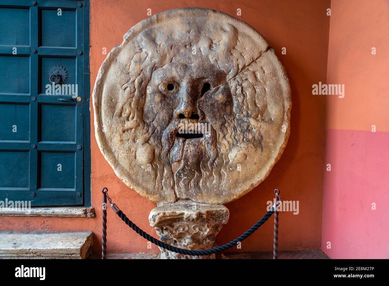 Rome, Italy - december 19, 2020: Detail of Mouth of Truth, a worldwide famous enormous marble mask said to bite the hand of those who lied, in  Rome, Stock Photo