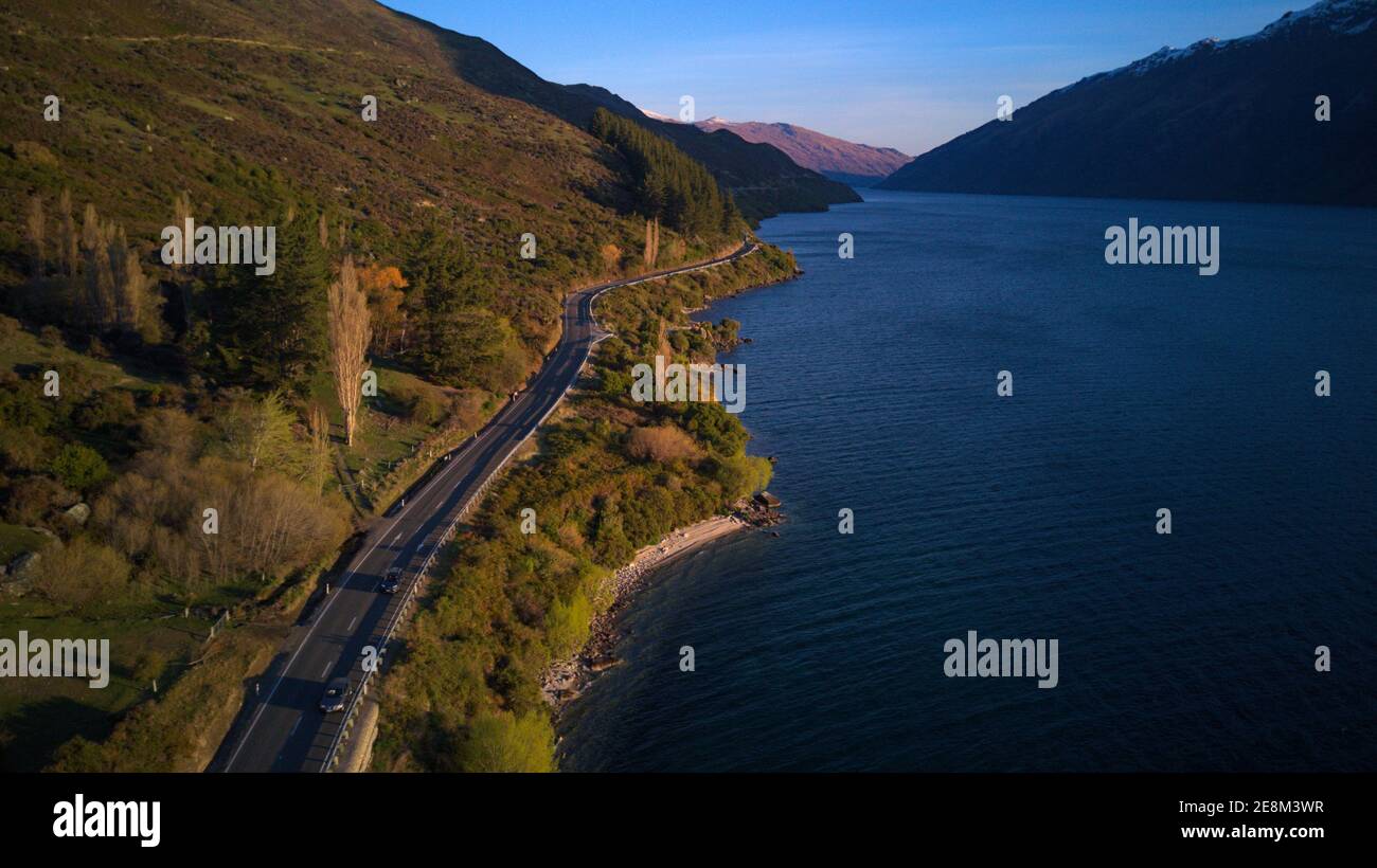 Aerial photo of lake side road in southern New Zealand Stock Photo