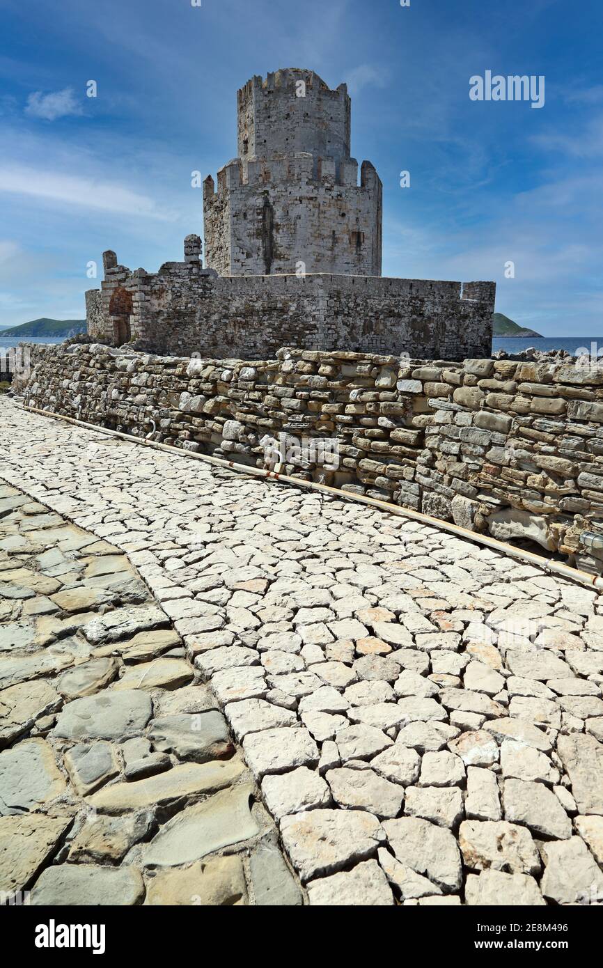 The Bourtzi (or Mpourtzi), the tower of the venetian castle of Methoni town, in Messinia region, Peloponnese, Greece, Europe Stock Photo