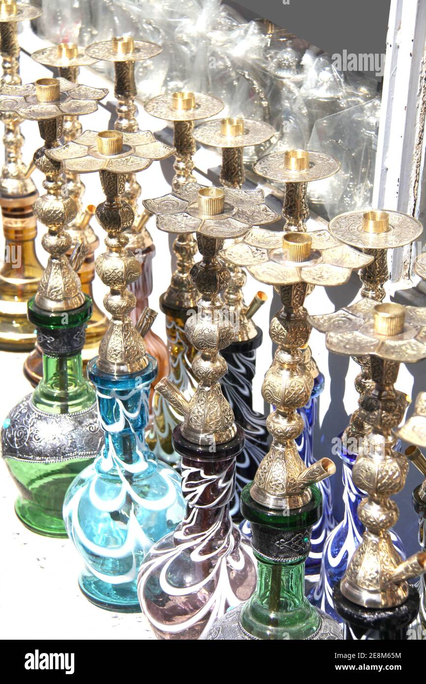 Hookahs in the market. Traditional arabic shisha pipes hookah. Water