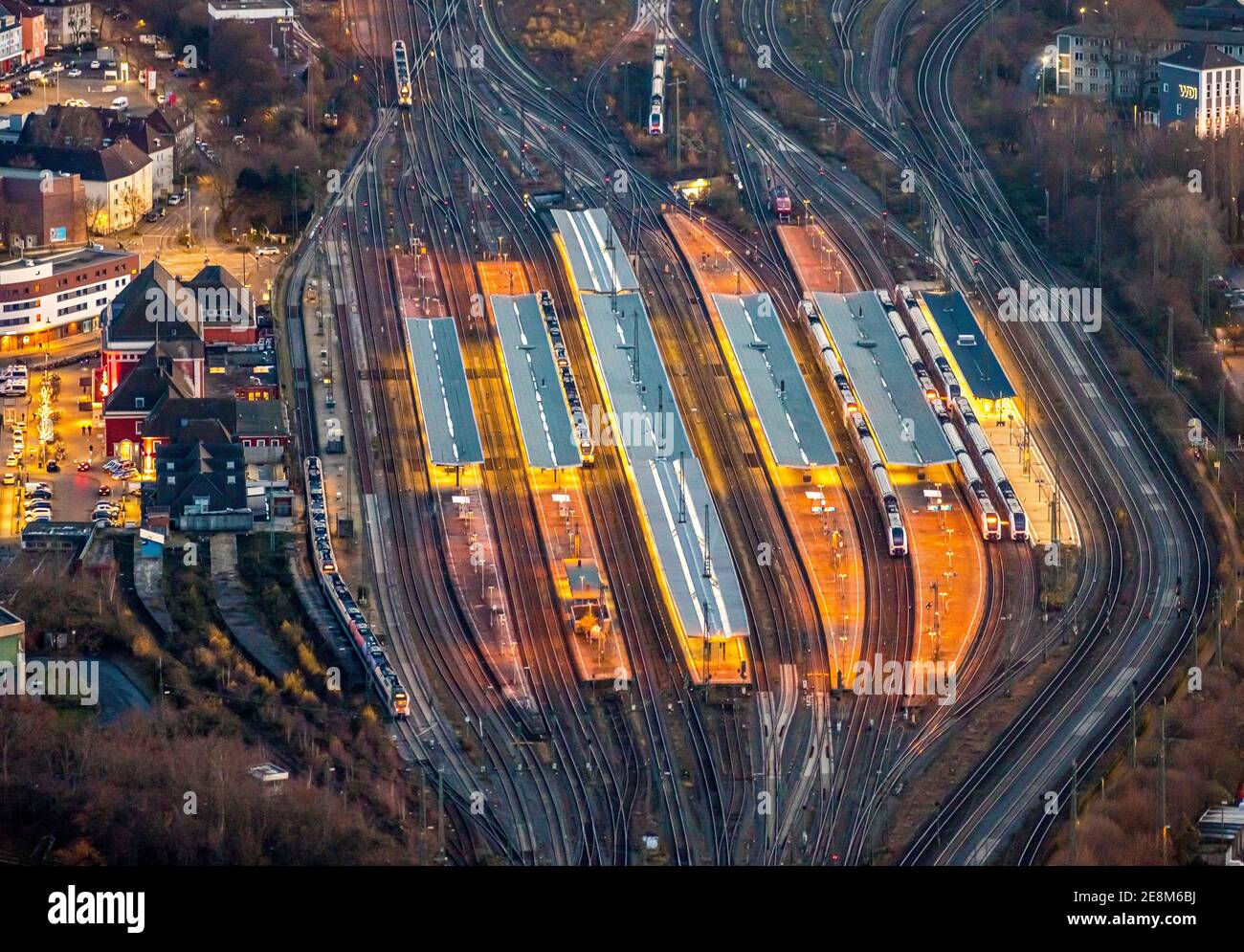 Aerial view, platforms Hamm main station, twilight view, night view