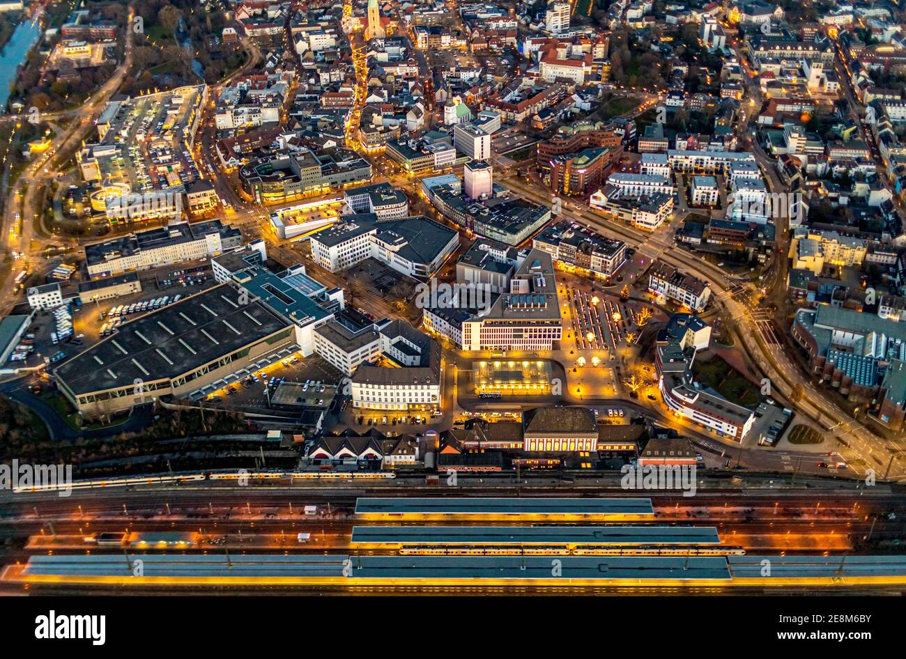 Aerial view, overview of Hamm at night, Technical Town Hall, station forecourt, Alleecenter ECE, Luther Church in Luther Quarter, Bockum-Hövel, Hamm, Stock Photo