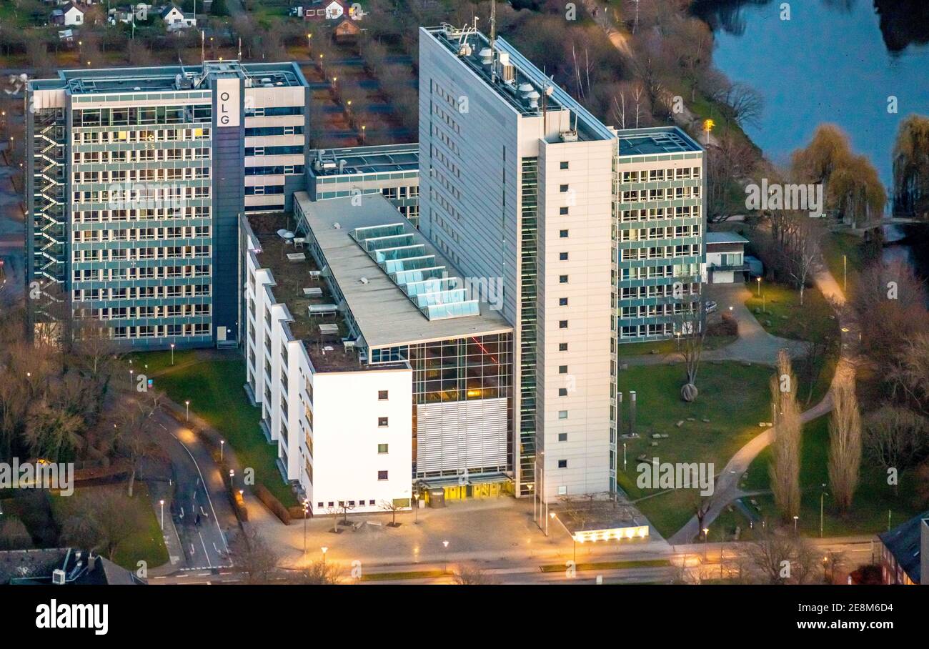 Aerial photograph, Higher Regional Court, Higher Regional Court of Hamm, Hamm General Prosecutor's Office, twilight shot, centre, Hamm, Ruhr area, Nor Stock Photo