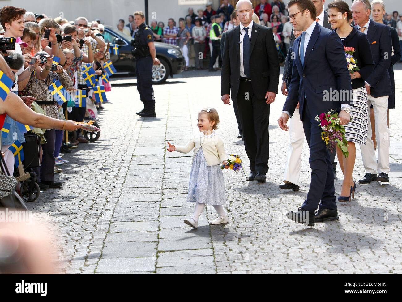 LINKÖPING, SWEDEN- 17 MAY 2014: Crown Princess Victoria, Prince Daniel and Princess Estelle are welcomed to Östergötland and Linköping Castle. Princess Estelle is Duchess of Östergötland and is visiting her landscape for the first time. Stock Photo