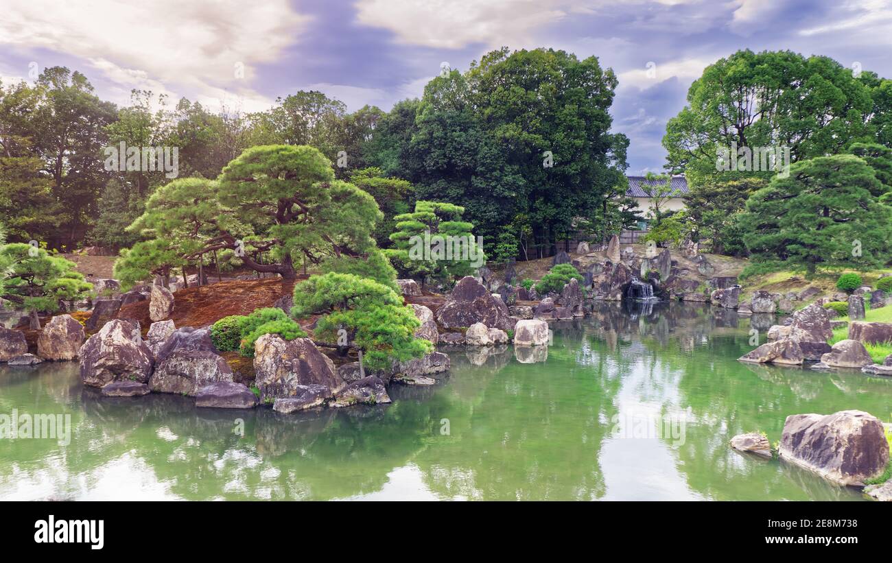 Traditional Japanese pond and garden in the Imperial Palace in Kyoto Stock Photo