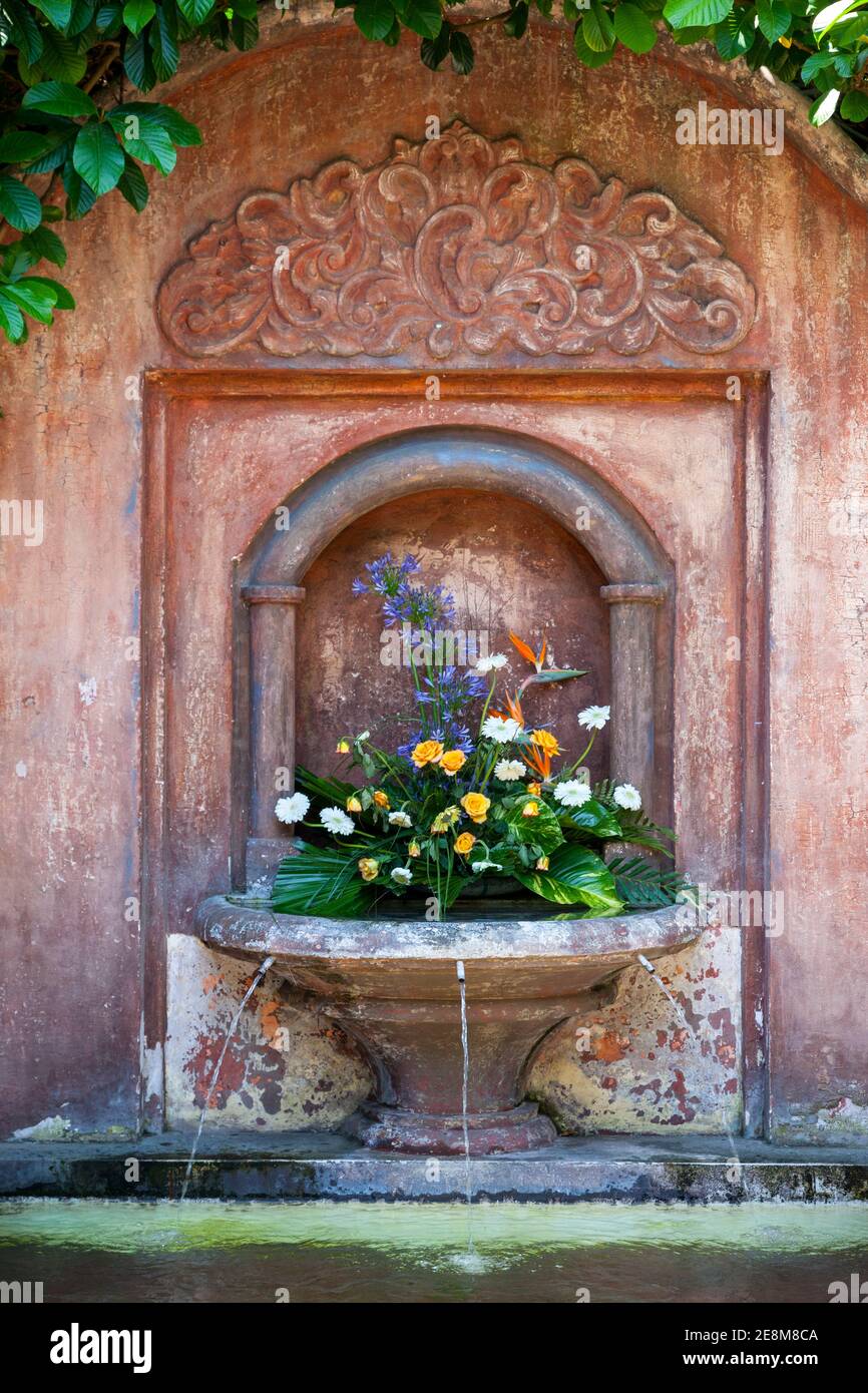 Antigua, Guatemala.  Antigua Hotel Fountain. Stock Photo