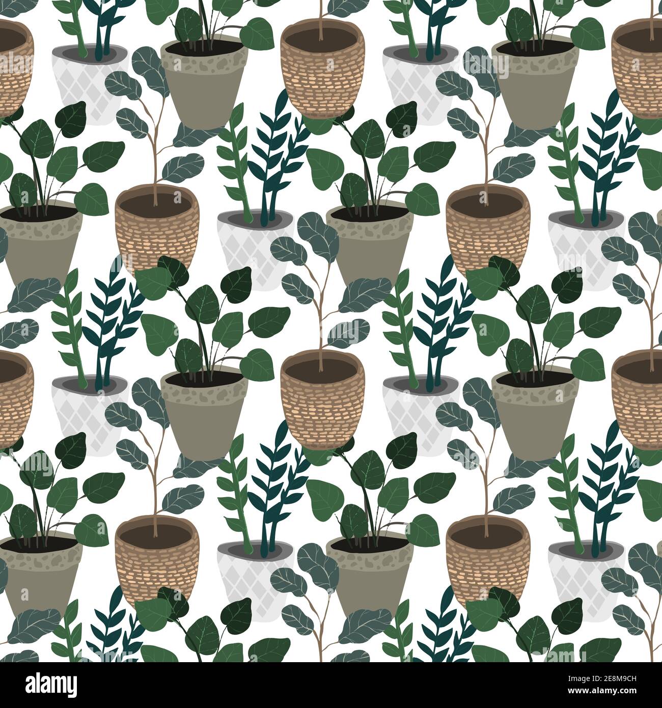 Colorful hand drawn seamless pattern with flower pots. Doodle plants ...