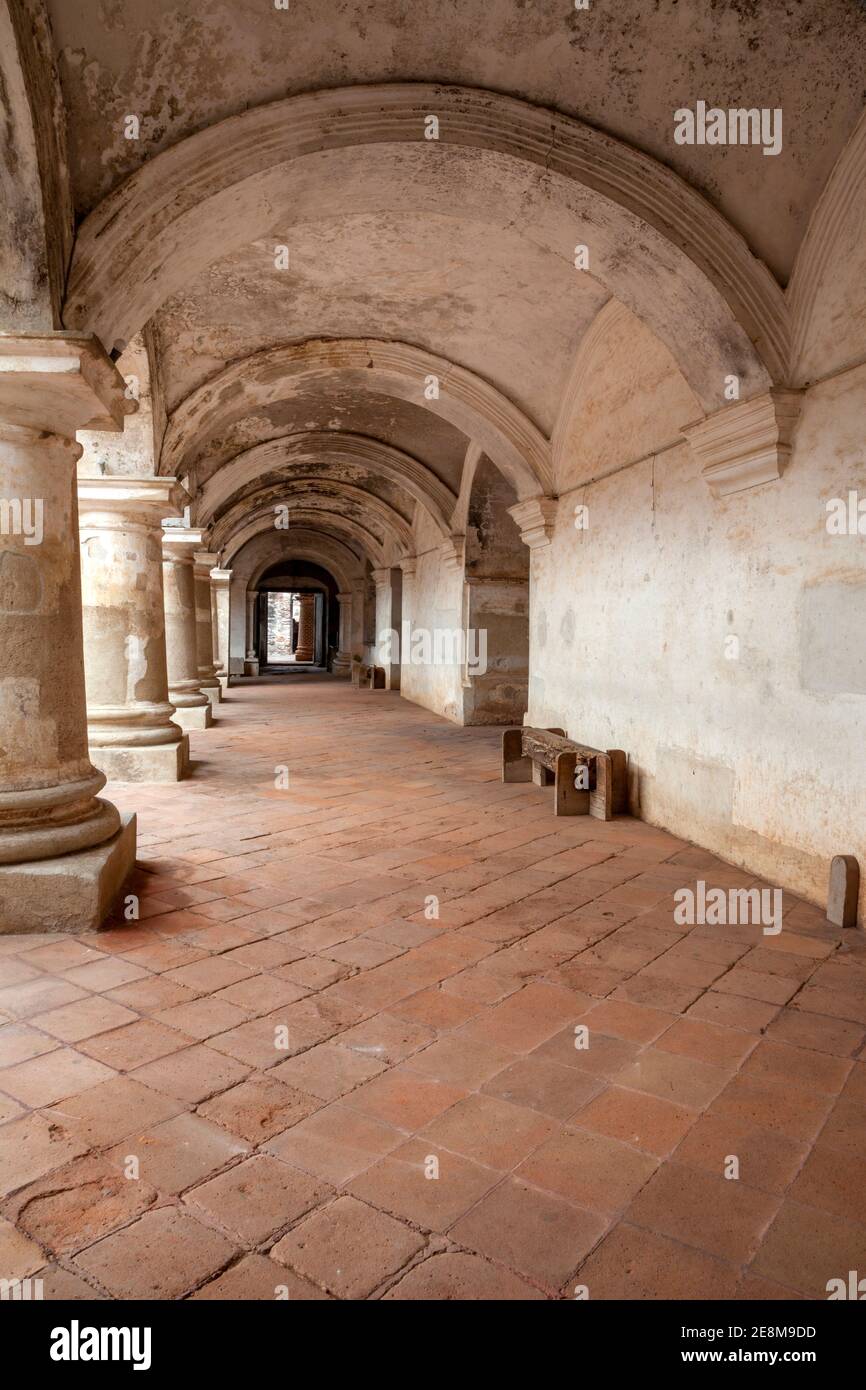 Antigua, Guatemala.  Capuchinas Convent, Built 1736.  Ground-level Corridor. Stock Photo