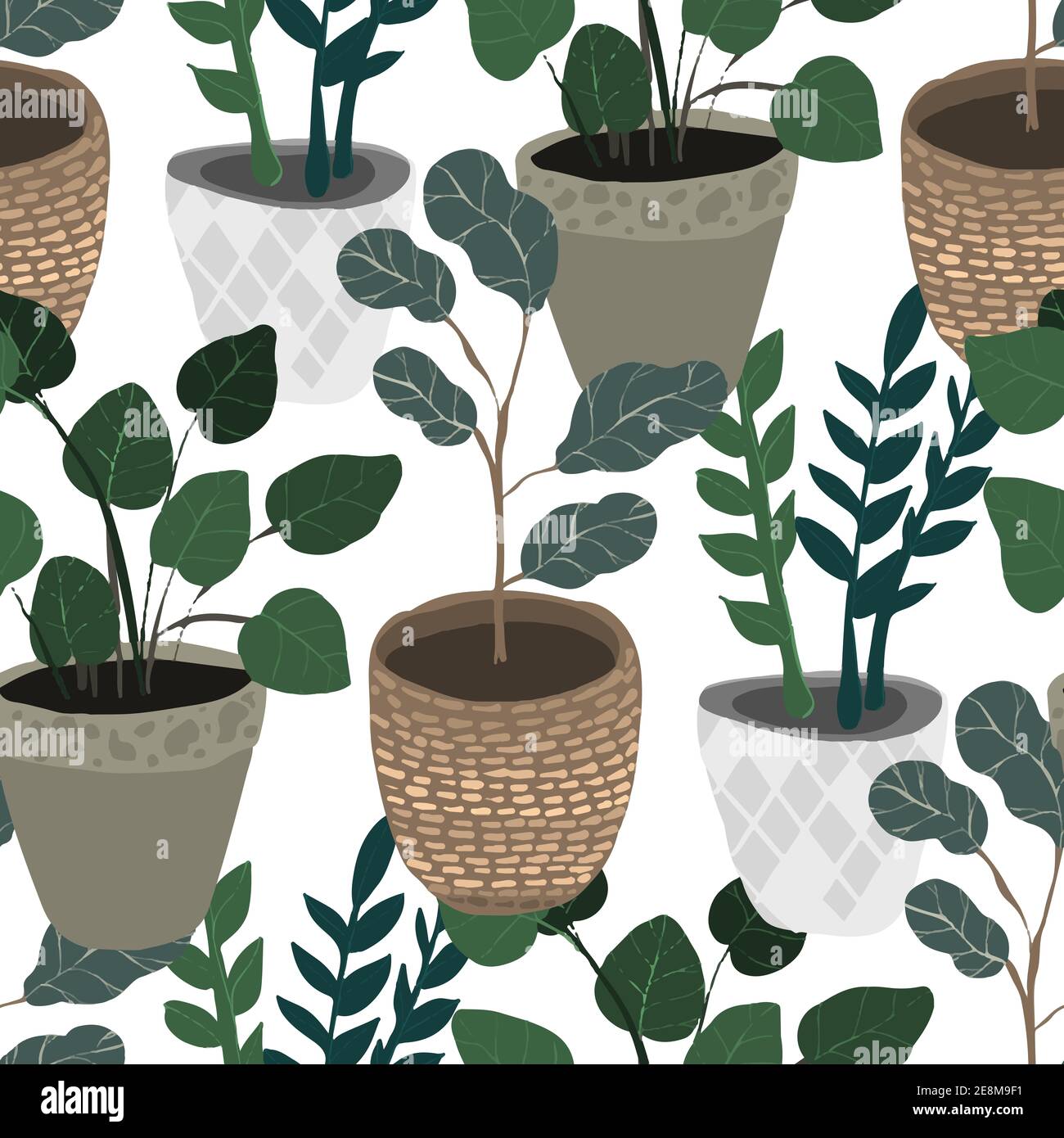 Colorful hand drawn seamless pattern with flower pots. Doodle plants ...