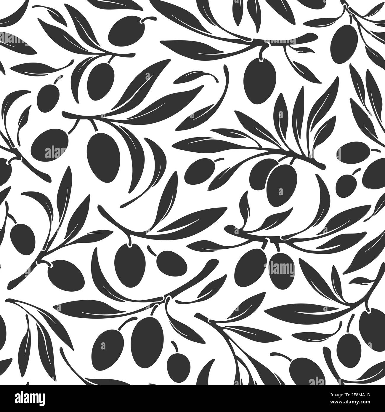 Oliva seamless pattern. Vector branch, black silhouette of berry, wild fruits on white background. Greece, italy organic oil. Nature farm harvest. Veg Stock Vector