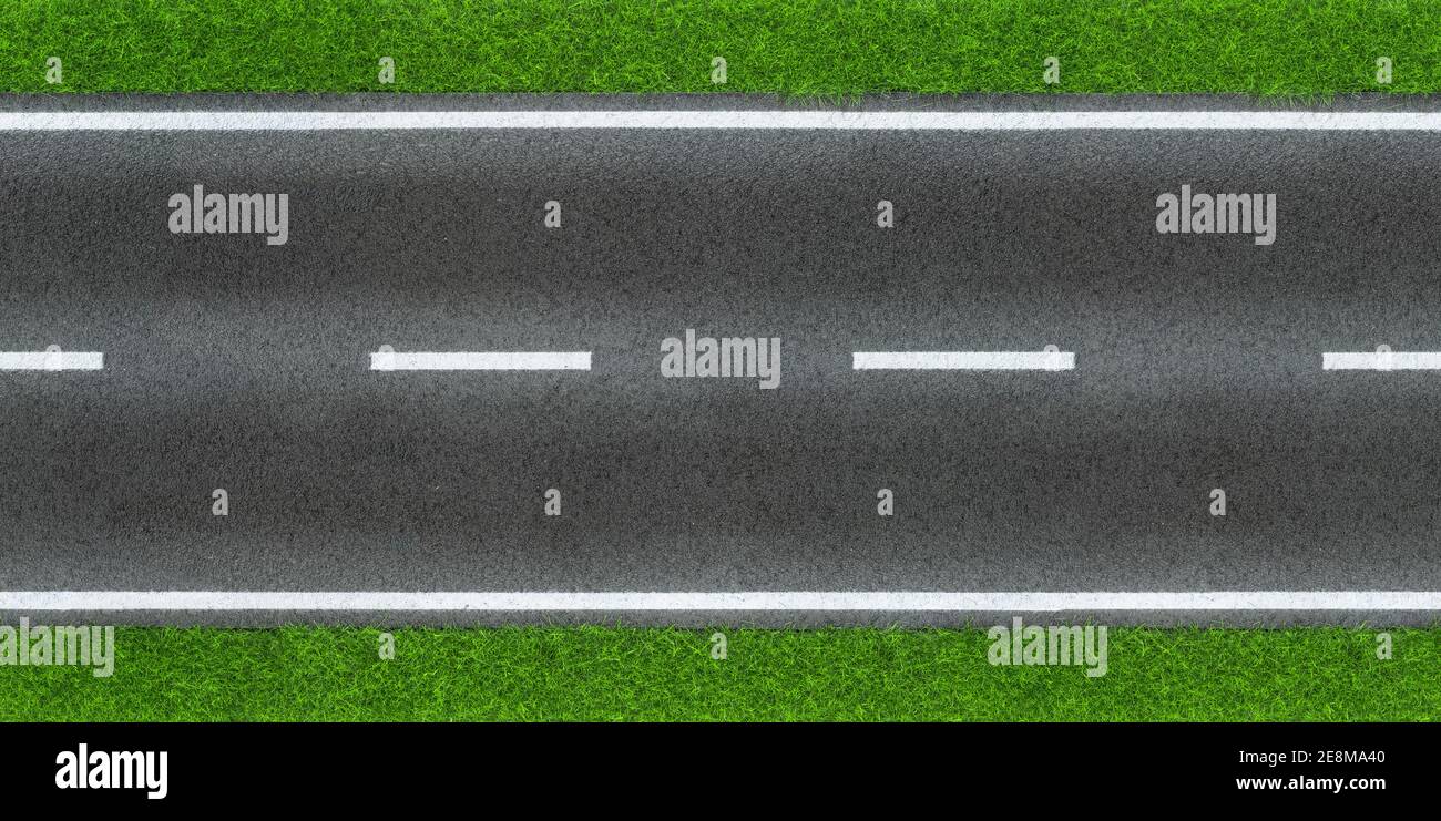 seamless infinity real street road sphalt grey black tar surface texture with green grass and white lane line boder. Traffic transportation design pat Stock Photo