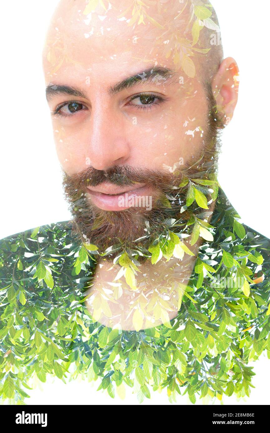 A smiling man's portrait combined with double exposure Stock Photo - Alamy