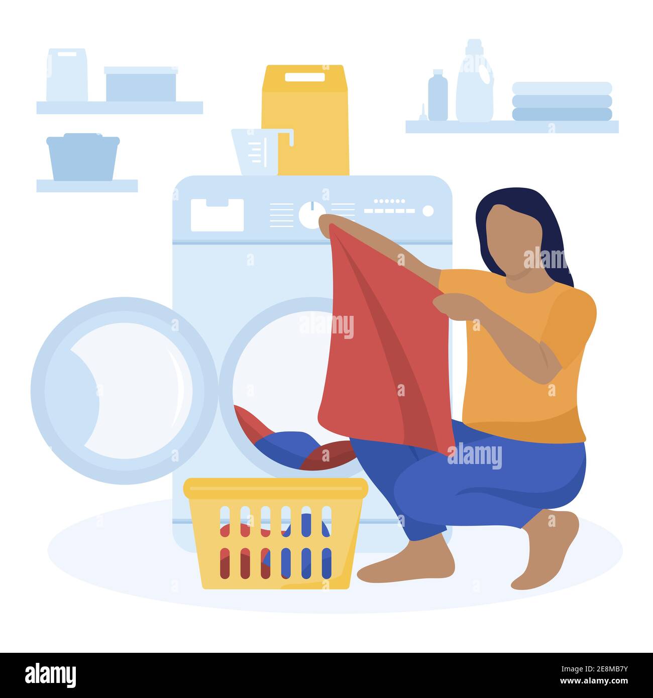 Vector illustration Woman washing dirty clothes Washing machine ...