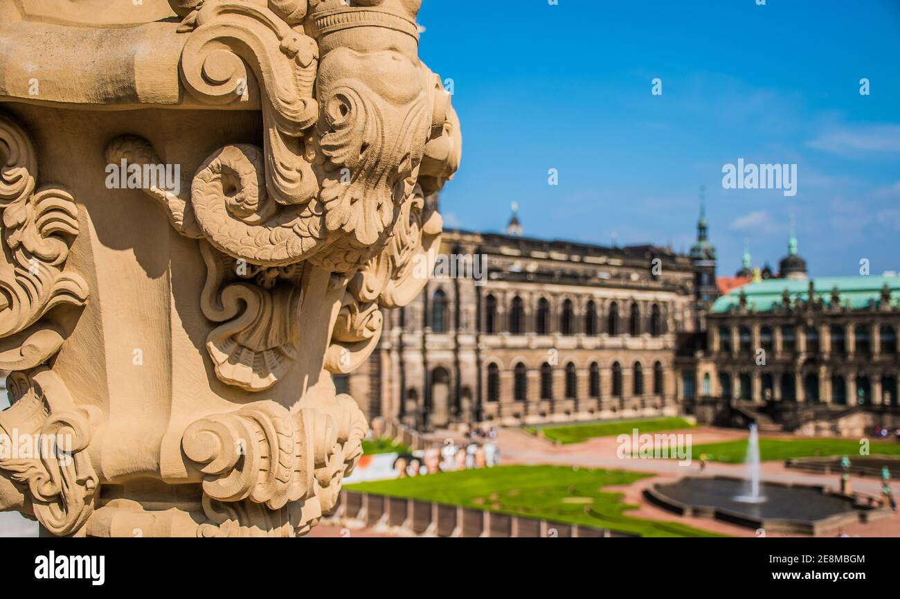 17 May 2019 Dresden, Germany - 18th century baroque Zwinger Palace, balcony sculptures. Stock Photo