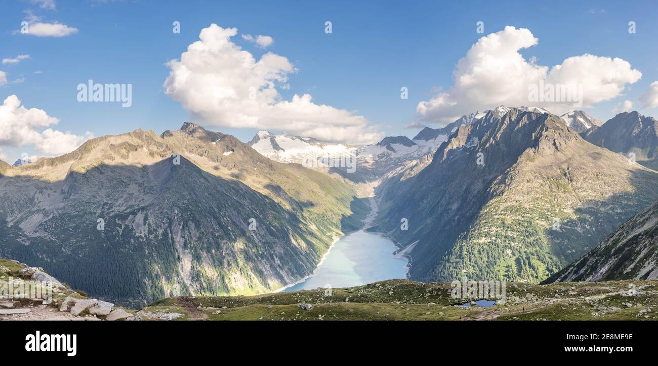 Panoramic view of Schlegeisspeicher glacier reservoir from Olpererhutte top of Zillertal alps in Austria Stock Photo