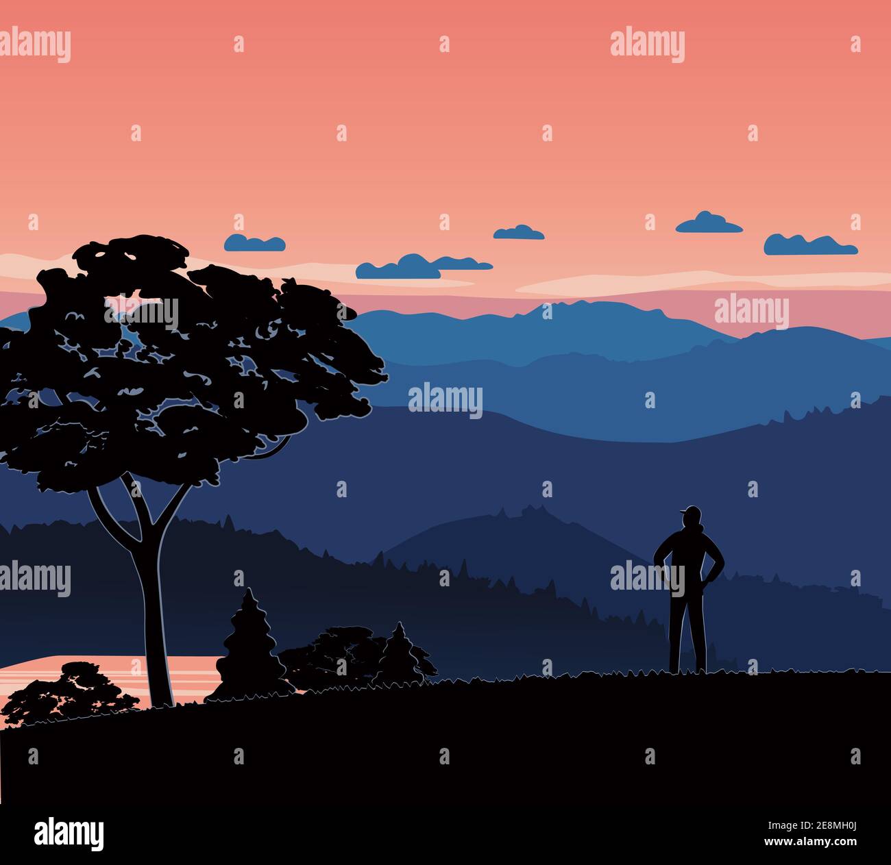 Mountains Valley Red Sky Sunrise vector Landscape Stock Vector