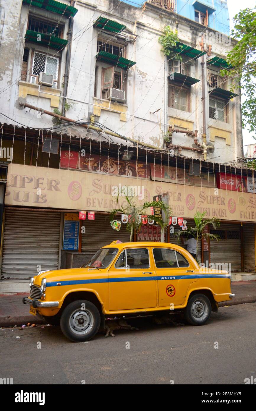 Kolkata, India - March, 2014: Vintage classic Ambassador taxi car on