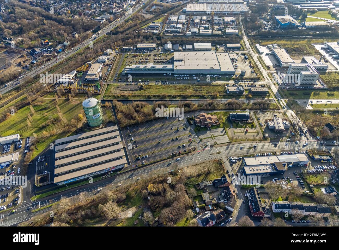 Aerial photograph, gasometer Herne, industrial area Lindenallee, Holsterhausen, Herne, Ruhr area, North Rhine-Westphalia, Germany, DE, DECATHLON Herne Stock Photo