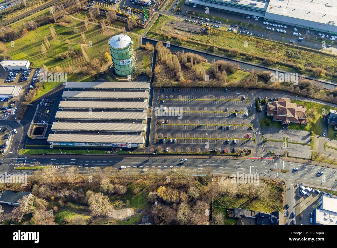 , Aerial view, gasometer Herne, industrial area Lindenallee, Holsterhausen, Herne, Ruhr area, North Rhine-Westphalia, Germany, DE, DECATHLON Herne, Eu Stock Photo