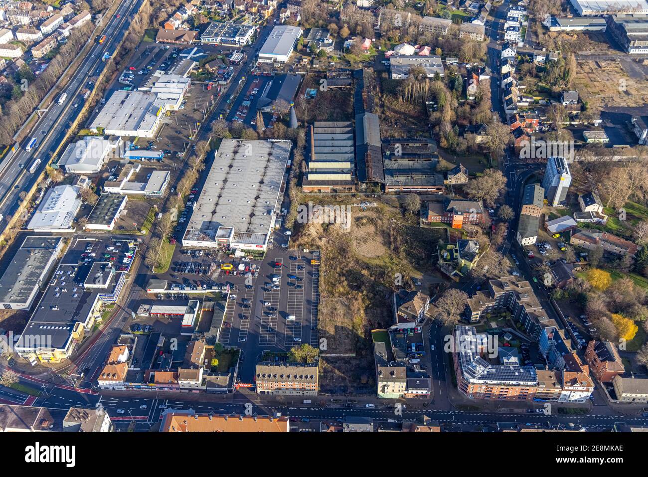 , Aerial view, toom shopping centre, demolition site ex. Dorn-Schrauben, Spitzbunker, Baukau, Herne, Ruhr area, North Rhine-Westphalia, Germany, demol Stock Photo