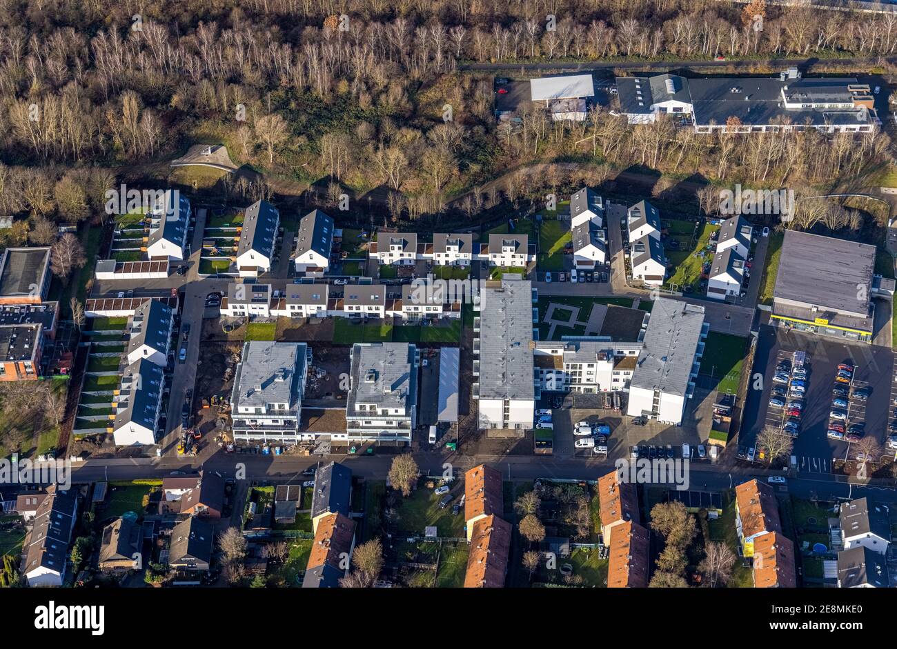 Aerial View, Construction Site New Housing Estate Jürgens Hof, Am Fischergraben, Horsthausen, Herne, Ruhr Area, North Rhine-Westphalia, Germany, Const Stock Photo