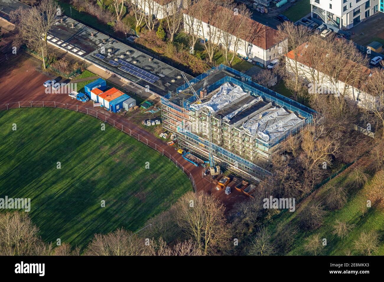 , Aerial view, construction site indoor swimming pool, Otto-Hahn-Gymnasium Herne, Herne, Ruhr area, North Rhine-Westphalia, Germany, construction work Stock Photo