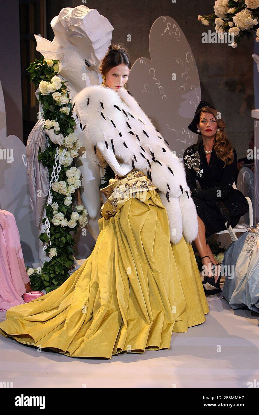 A model presents a creation by British designer John Galliano for Christian  Dior Fall-Winter 2007-2008 Haute-Couture collection show, in Versailles,  France on July 2, 2007. The prestigious fashion house of Christian Dior