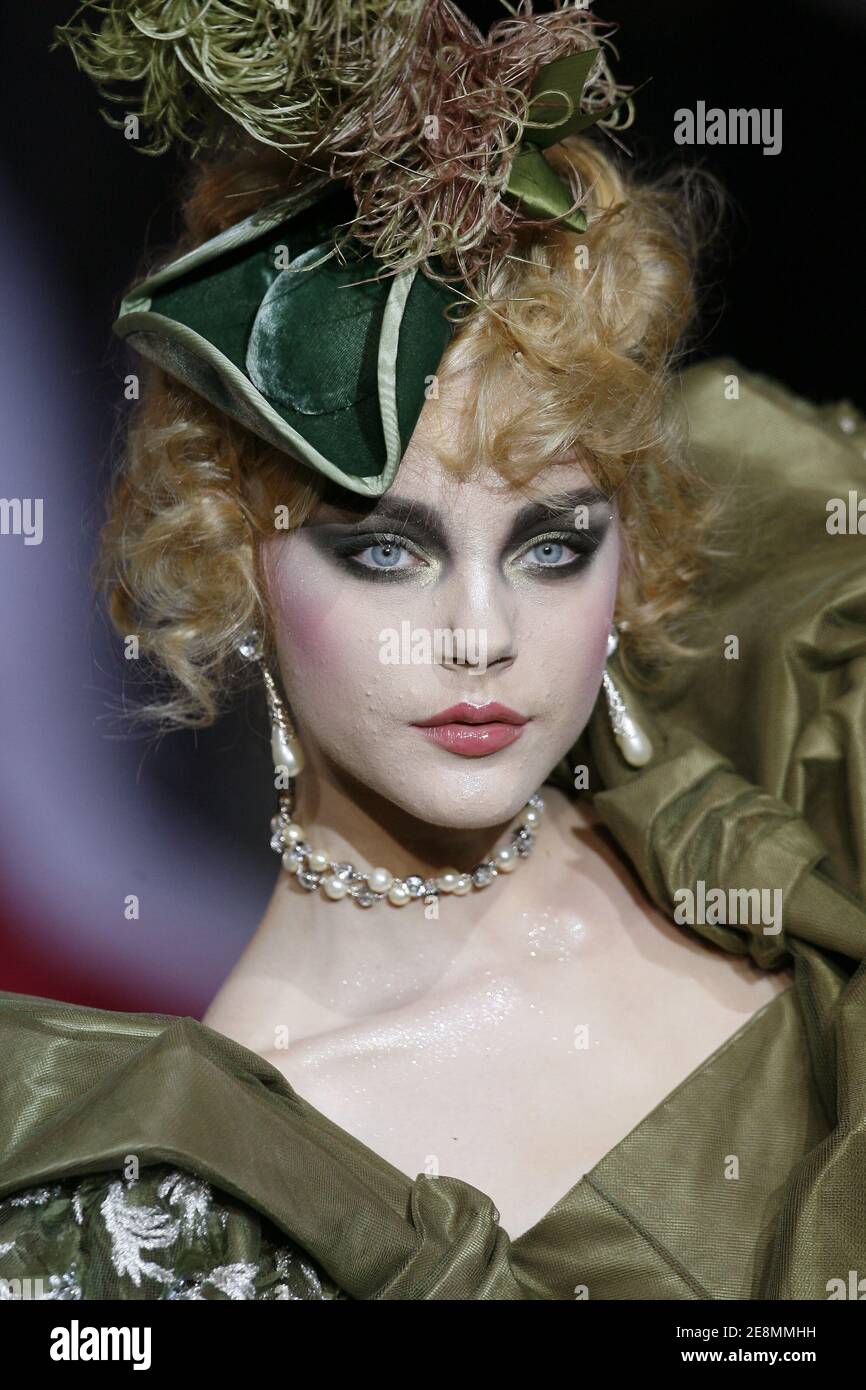 A model presents a creation by British designer John Galliano for Christian Dior Fall-Winter 2007-2008 Haute-Couture collection show, in Versailles, France on July 2, 2007. The prestigious fashion house of Christian Dior is celebrating its 60th birthday this week and John Galliano his 10th year as Dior's designer. Photo by Nebinger-Orban-Taamallah/ABACAPRESS.COM Stock Photo