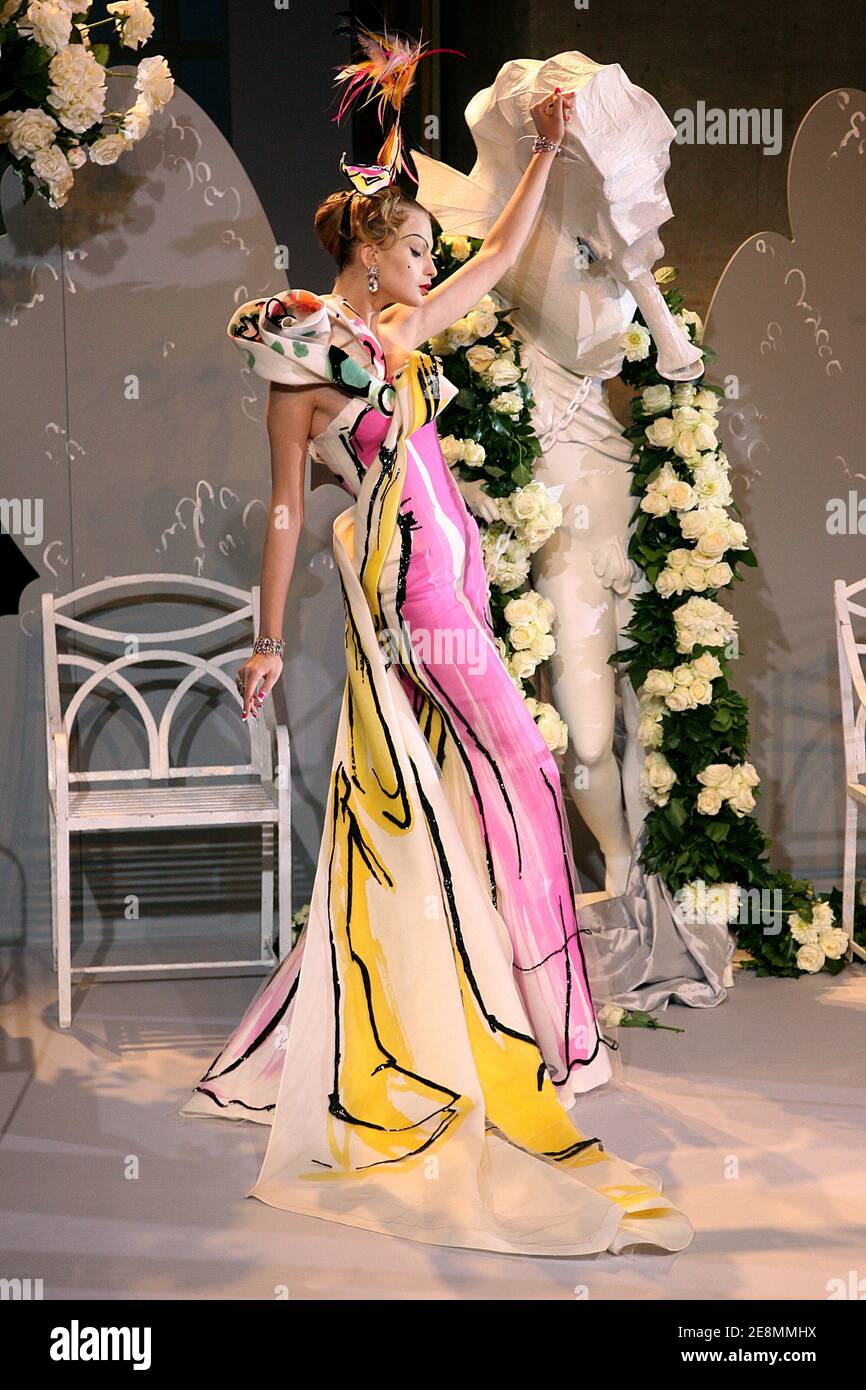 A model displays a creation by British fashion designer John Galliano for  the house Christian Dior during his Fall-Winter 2007-2008 Ready-to-Wear  collection show held at the Jardins des Tuileries in Paris, France