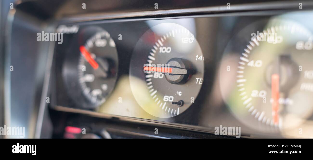 close up macro analog sensors pf temperature and pressure scale inside