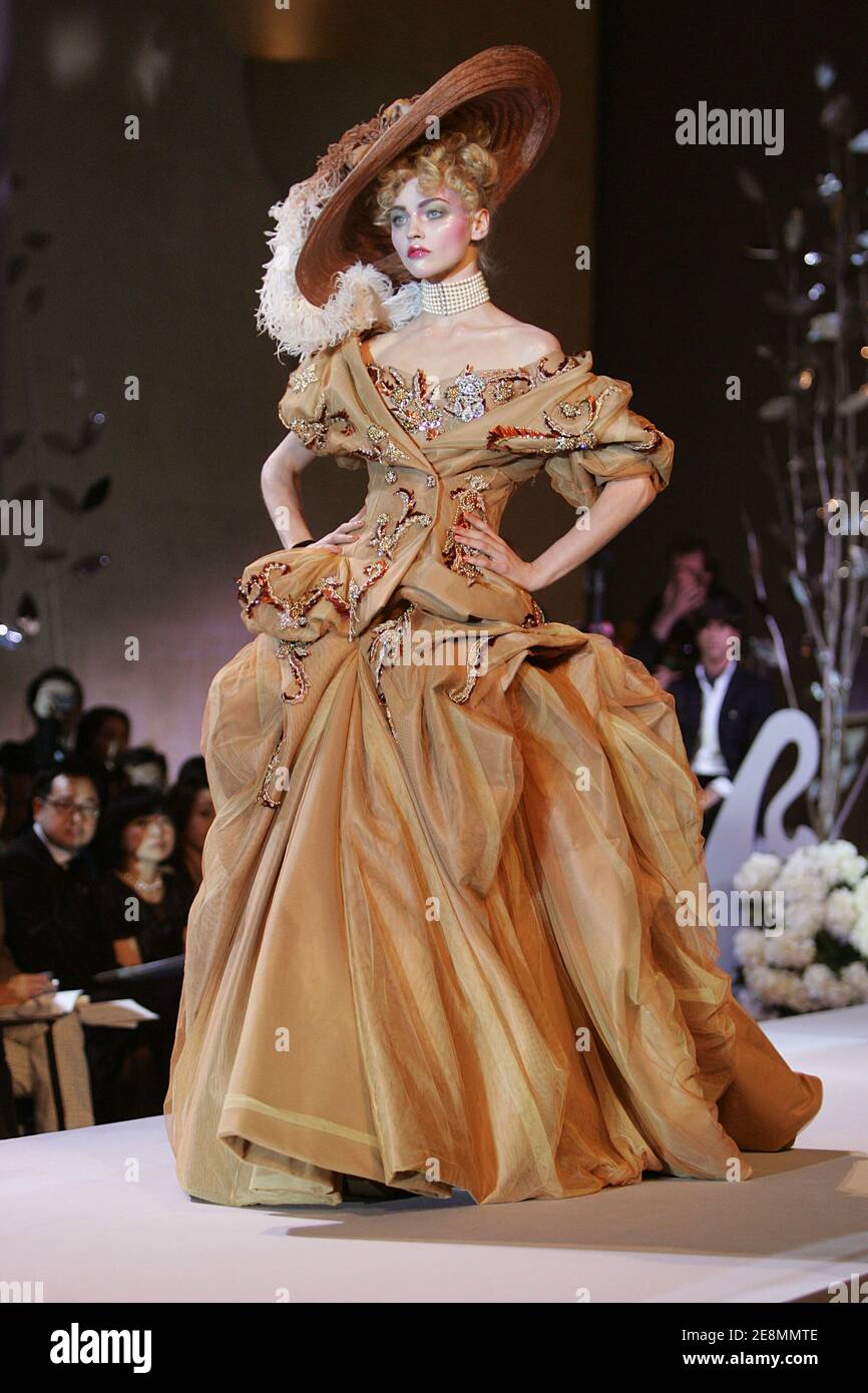A model displays a creation by British fashion designer John Galliano for  the house Christian Dior during his Fall-Winter 2007-2008 Ready-to-Wear  collection show held at the Jardins des Tuileries in Paris, France