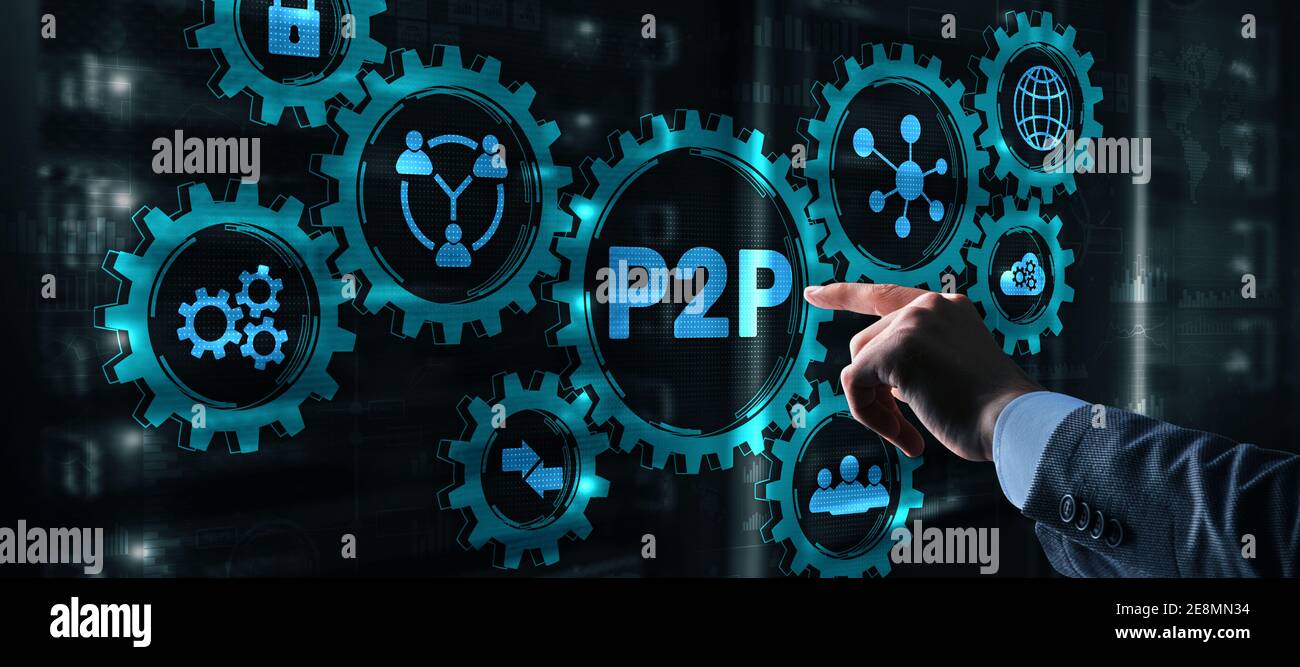 Businessman presses button p2p peer-to-peer on virtual interface Stock Photo