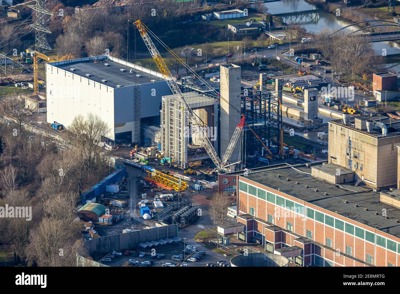 Aerial photo, STEAG combined heat and power plant Herne at the Rhine-Herne canal, construction site new building gas and steam power plant of Steag, B Stock Photo