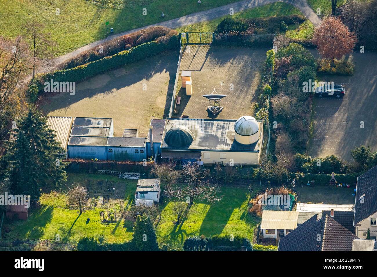 aerial photo, observatory Herne, planetarium, Wanne-Süd, Herne, Ruhr area, North Rhine-Westphalia, Germany, Am Böckenbusch, astronomy, DE, Europe, aer Stock Photo