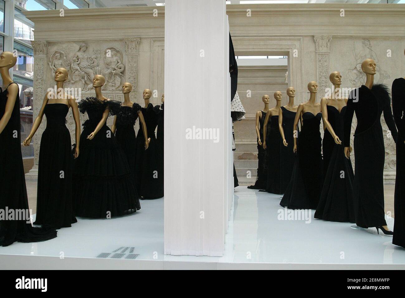 Valentino creations are displayed at the Valentino's 45 Years of Fashion  exhibition celebrating the 45th Anniversary of the Valentino fashion house,  at the Ara Pacis Museum in Rome, Italy on July 6,