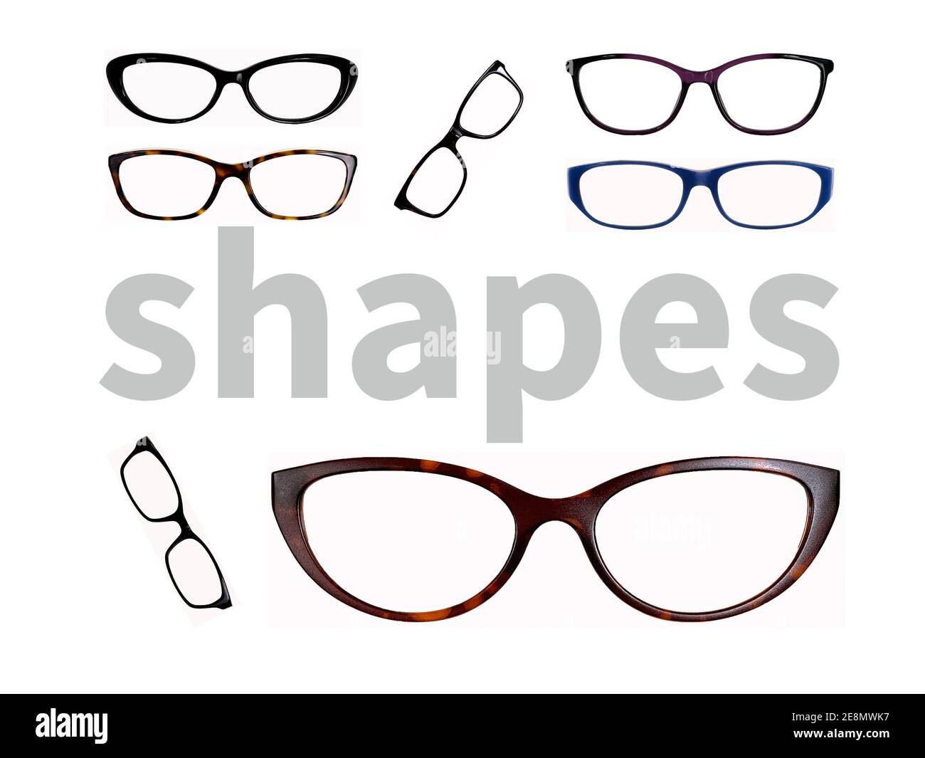 Pairs of glasses frames of different shapes and colours isolated on a plain white background, with the word 'shapes' in grey text. No people. Stock Photo