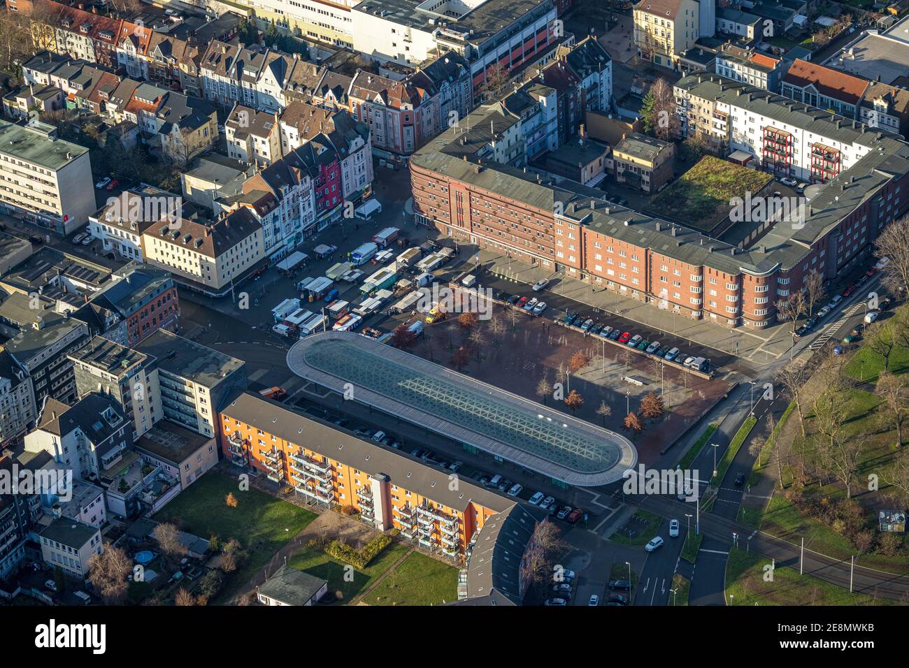 Aerial view, streetcar stop Am Buschmannshof, market place weekly market, Wanne, Herne, Ruhr area, North Rhine-Westphalia, Germany, Amtmann-Winter-Str Stock Photo