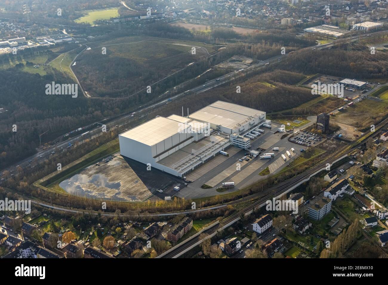 Aerial view, Nordfrost logistics center, former coal mine Unser Fritz, Am Malakowturm, Unser Fritz, Herne, Ruhr area, North Rhine-Westphalia, Germany, Stock Photo