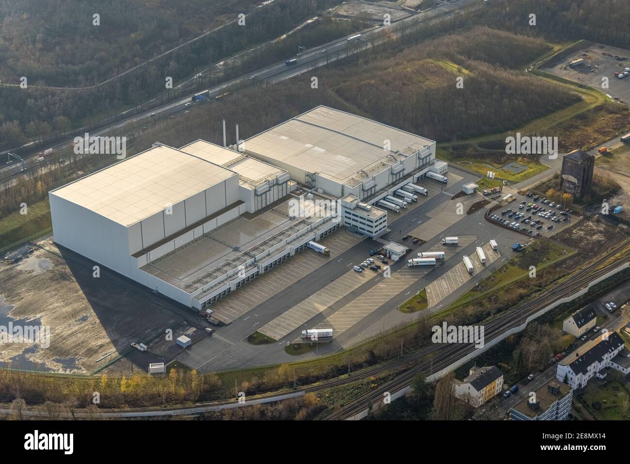 Aerial view, Nordfrost logistics center, former coal mine Unser Fritz, Am Malakowturm, Unser Fritz, Herne, Ruhr area, North Rhine-Westphalia, Germany, Stock Photo
