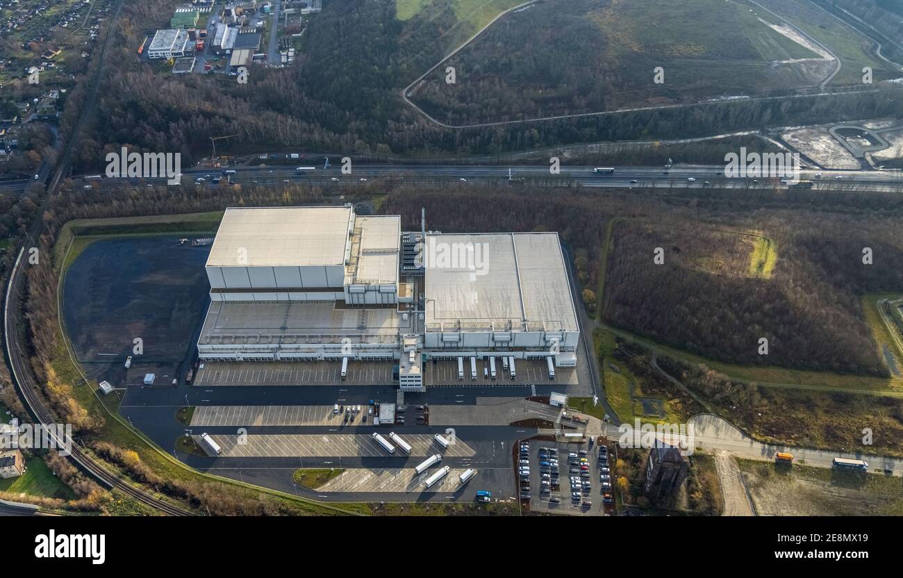 Aerial view, Nordfrost logistics center, former coal mine Unser Fritz, Am Malakowturm, Unser Fritz, Herne, Ruhr area, North Rhine-Westphalia, Germany, Stock Photo