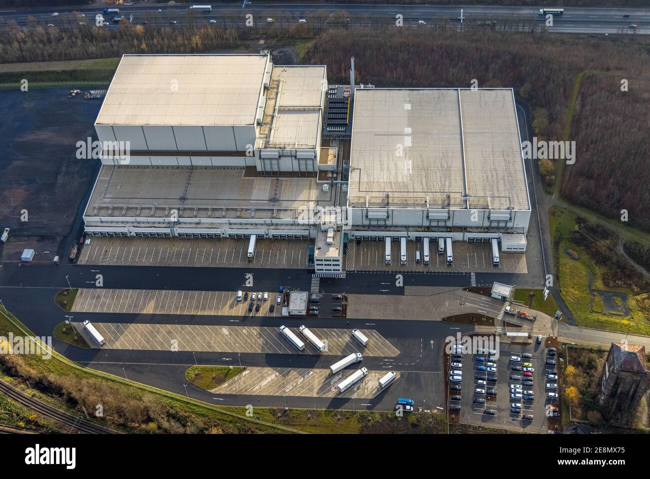 Aerial view, Nordfrost logistics center, former coal mine Unser Fritz, Am Malakowturm, Unser Fritz, Herne, Ruhr area, North Rhine-Westphalia, Germany, Stock Photo