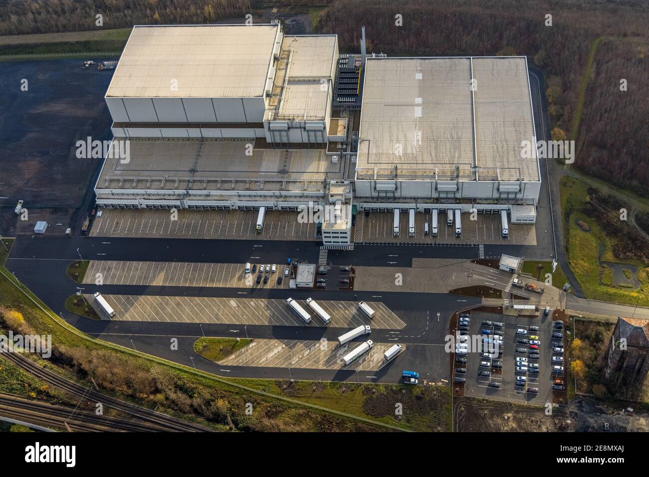 Aerial view, Nordfrost logistics center, former coal mine Unser Fritz, Am Malakowturm, Unser Fritz, Herne, Ruhr area, North Rhine-Westphalia, Germany, Stock Photo