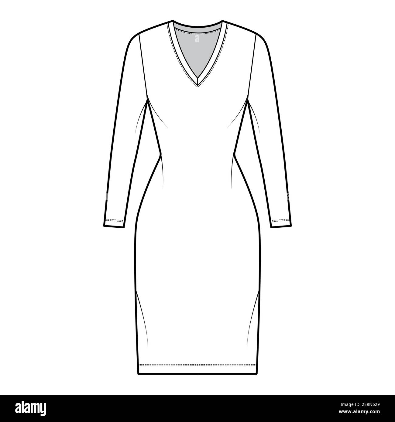 T-shirt dress technical fashion illustration with V-neck, long sleeves, knee length, fitted body, Pencil fullness. Flat apparel template front, white color. Women, men, unisex CAD mockup Stock Vector