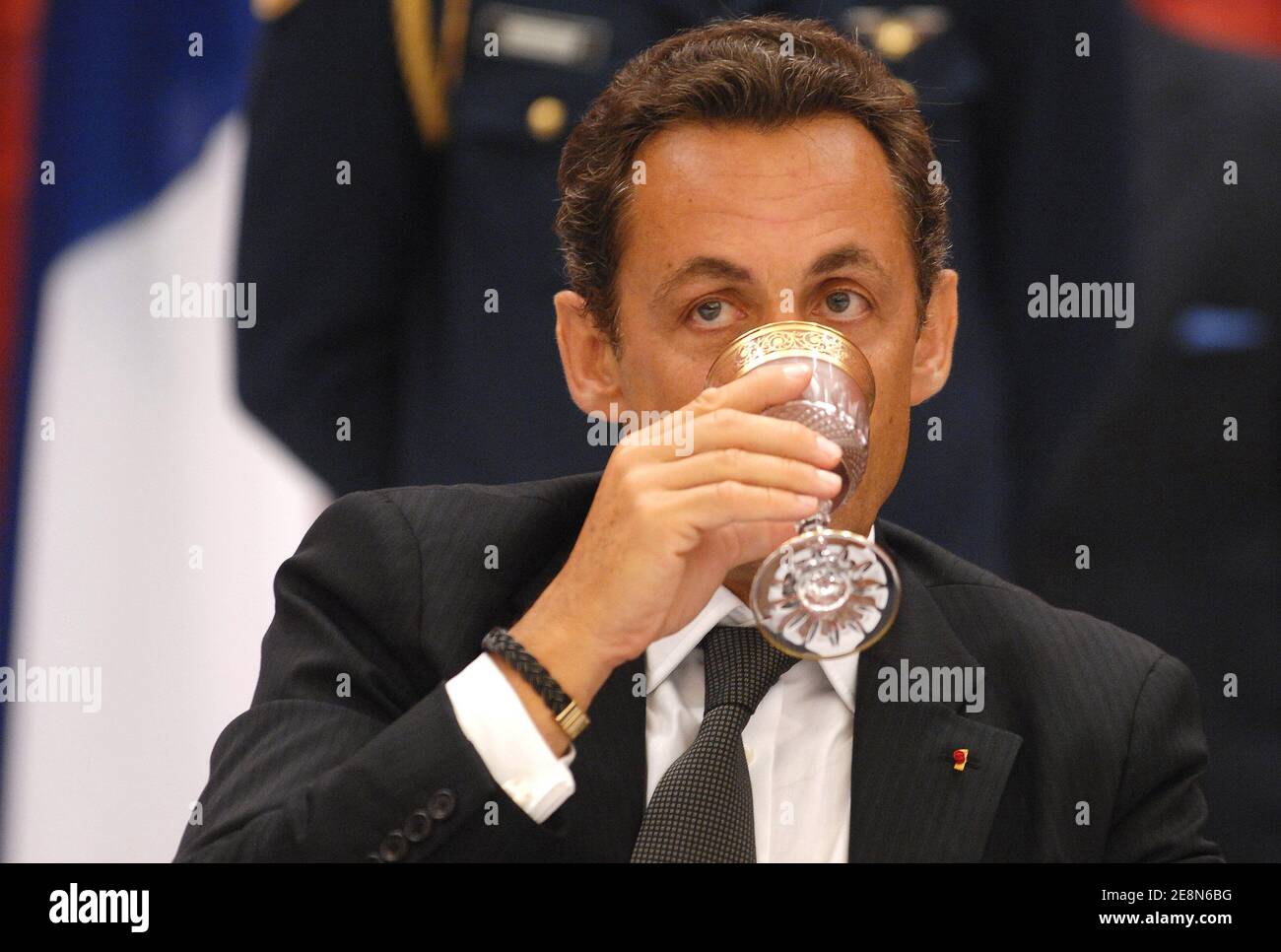 French President Nicolas Sarkozy attends the official dinner hosted President of Gabon Omar Bongo Ondimba at the 'Palais de la Presidence' in Libreville, Gabon, on July 27, 2007. Photo by Christophe