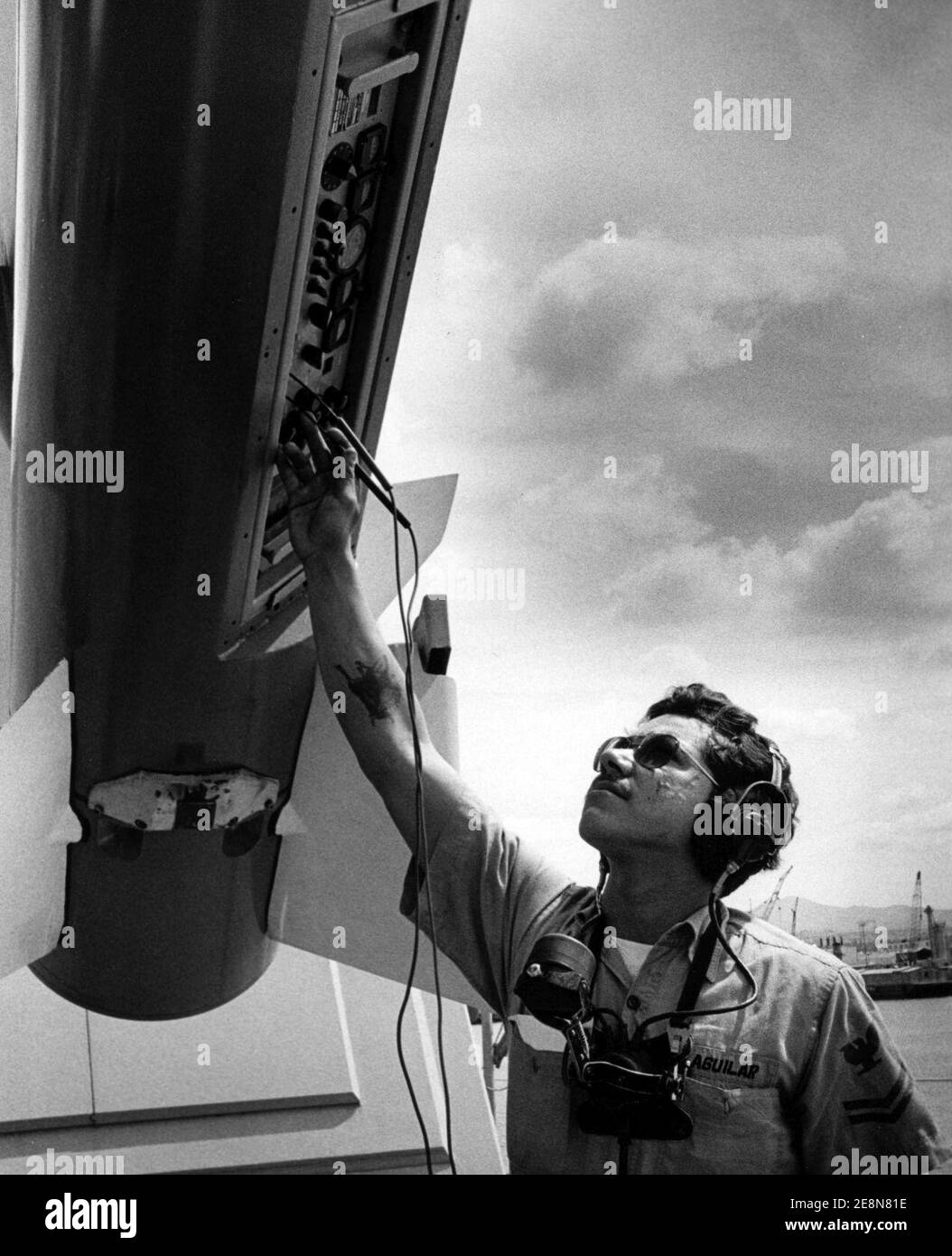 Missile inspection aboard USS Sterett (CG-31), circa in 1978 (NH 106942). Stock Photo