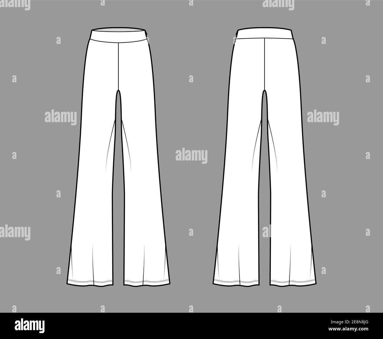 Pants boot cut technical fashion illustration with floor length, oversize silhouette, side zipper. Flat sport pyjama bottom template front, back, white color style. Women, men, unisex CAD mockup Stock Vector