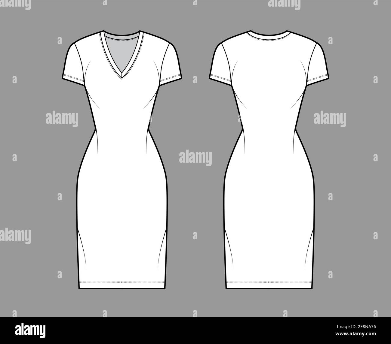 T-shirt dress technical fashion illustration with V-neck, short sleeves, knee length, fitted body, Pencil fullness. Flat apparel template front, back, white color. Women, men, unisex CAD mockup Stock Vector