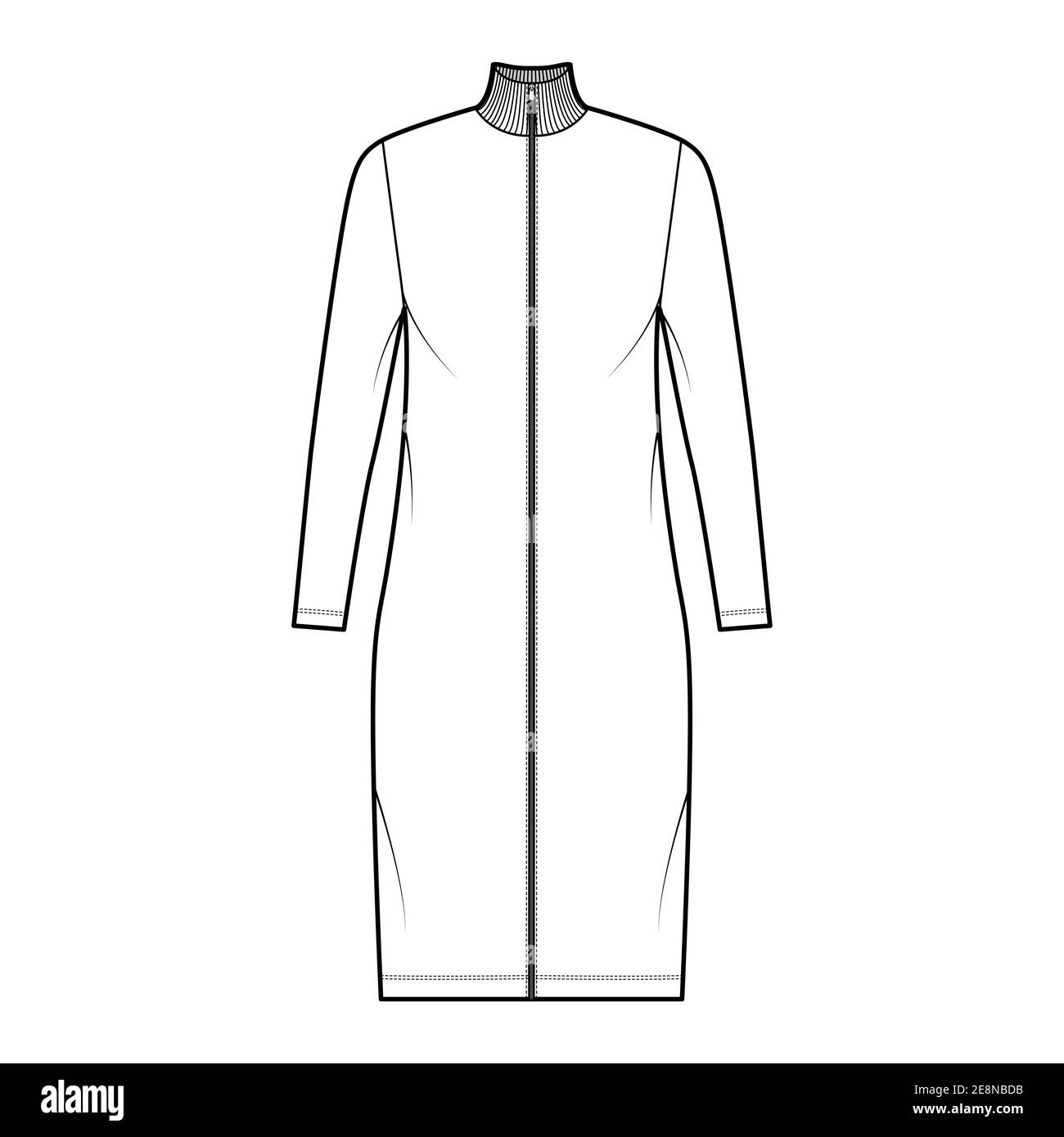 Turtleneck zipup dress technical fashion illustration with long