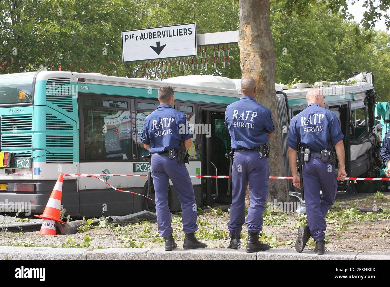 Parisian RATP bus carrying more than 19 people was involved in a crash near 'Porte de la Villette' in Paris, France on August 14, 2007. 14 are wounded and three are seriously injured. Photo by Medhi Taamallah/ABACAPRESS.COM Stock Photo