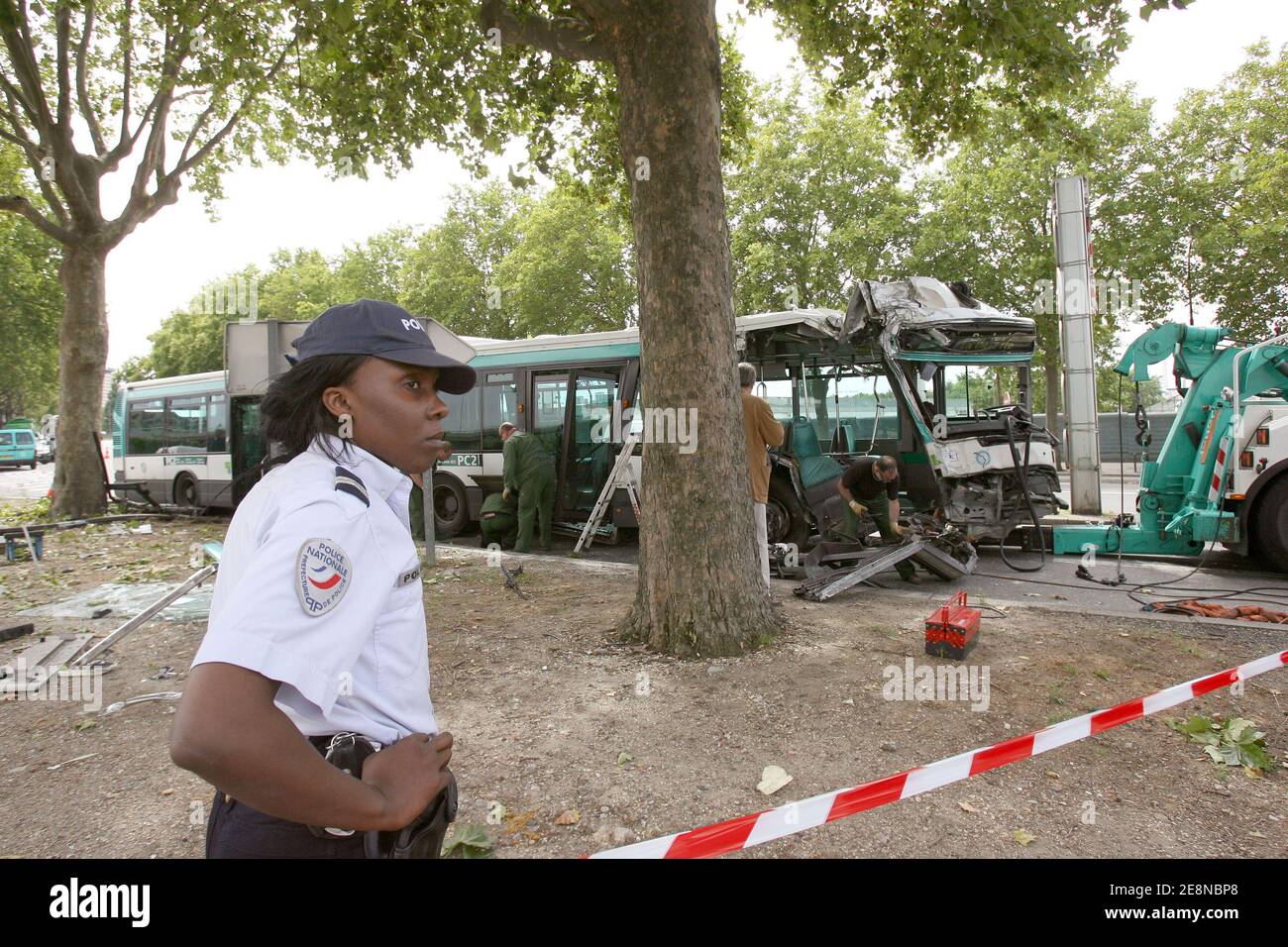 Parisian RATP bus carrying more than 19 people was involved in a crash near 'Porte de la Villette' in Paris, France on August 14, 2007. 14 are wounded and three are seriously injured. Photo by Medhi Taamallah/ABACAPRESS.COM Stock Photo